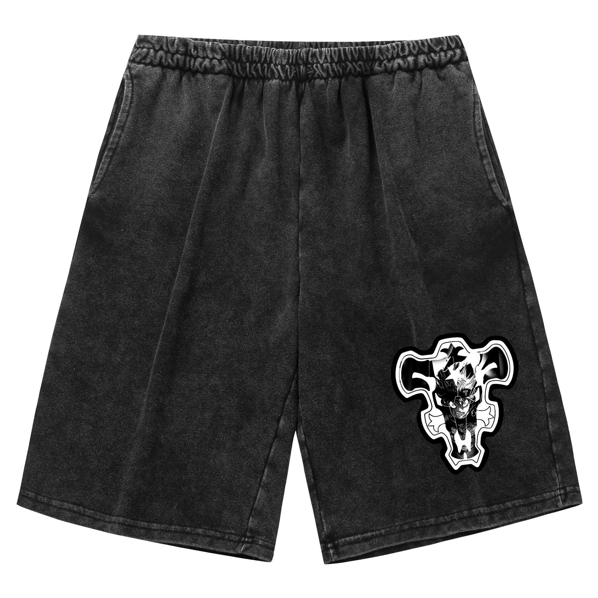 Pantalones cortos retro viejos lavados transfronterizos Trébol de cuatro hojas negro Black Clover venta caliente estampado casual deportes