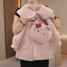 女童毛呢大衣冬季卡通大翻领儿童装猫咪加绒呢子保暖中长款外套