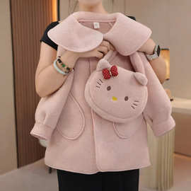 女童毛呢大衣冬季卡通大翻领儿童装猫咪加绒呢子保暖中长款外套