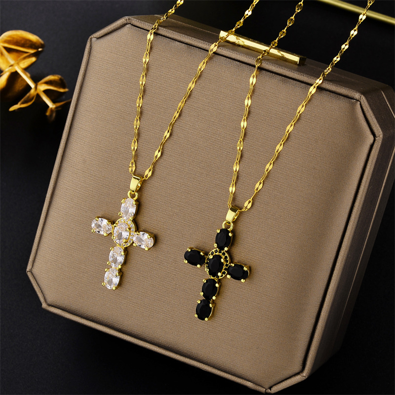 Cross Pendant Necklace With Multicolour Zircon And Copper Chain_voghion.com