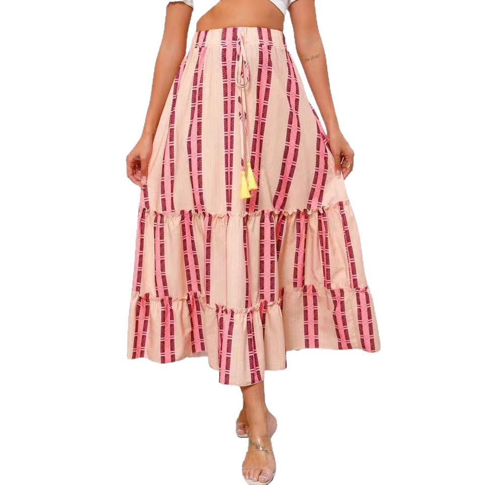 Real Shot Of Cross-border Foreign Trade 2025 Summer New Bohemian Resort Style Printed Flared Skirt For Women_ecoleips.com