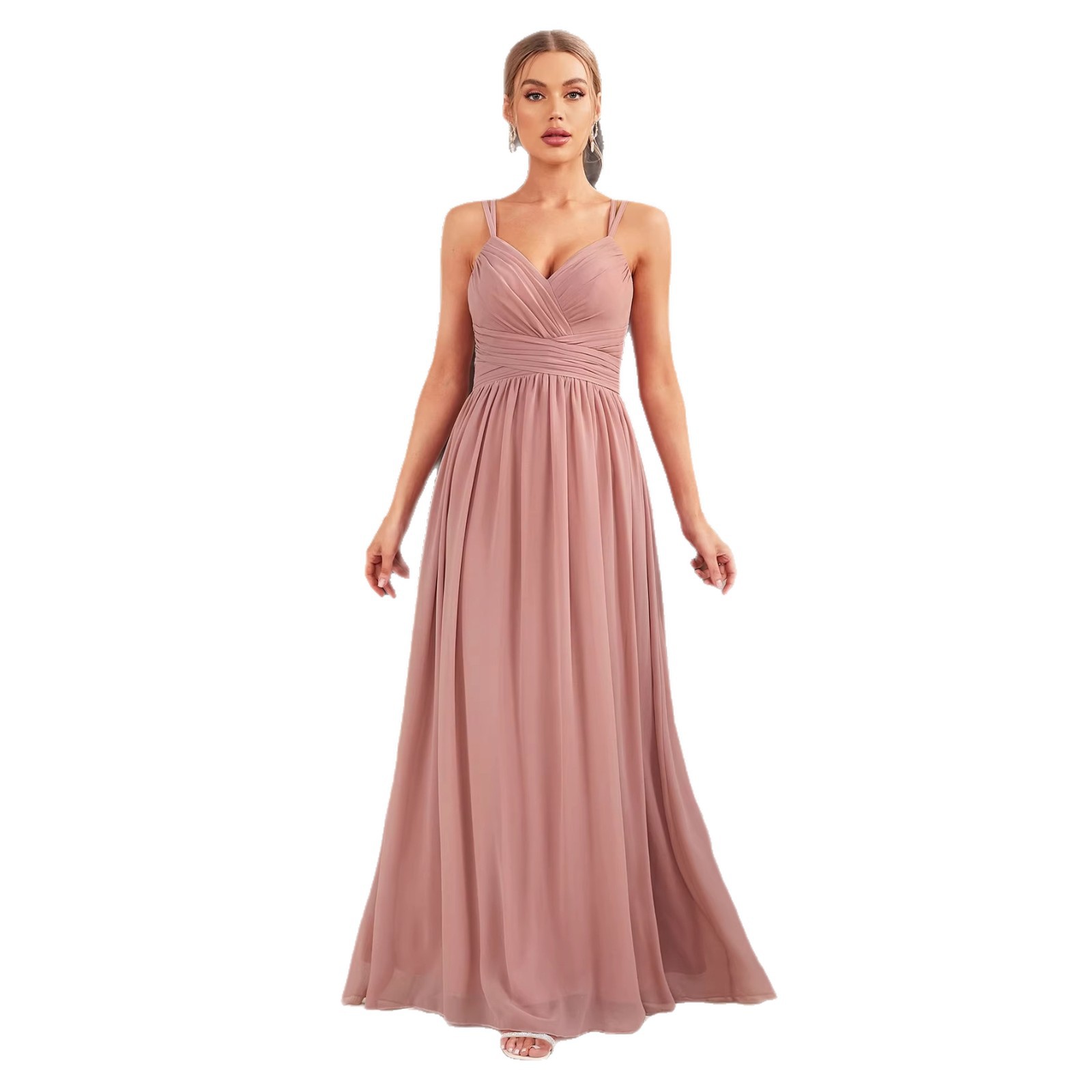 2026 nuevo comercio exterior transfronterizo ropa de noche temperamento de color sólido vestido de fiesta plegado vestido largo