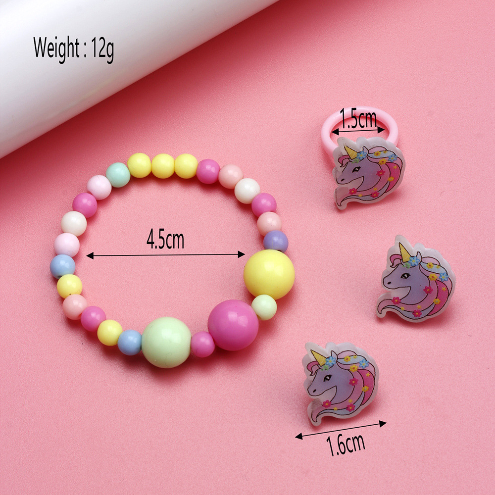 Cute Unicorn Resin Beaded No Inlaid Rings Bracelets Earrings 3 Piece Set