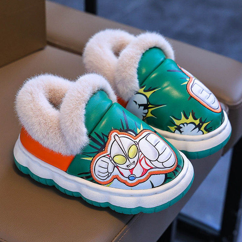 Ultraman invierno niños zapatos de algodón bolsas tacones cálidas lana PU impermeable suela gruesa antideslizante zapatillas de algodón para niños caseros