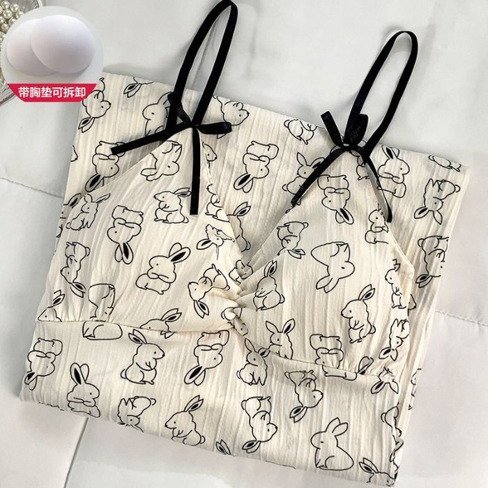Venta al por mayor transfronteriza de tela arrugada de algodón de imitación de verano con almohadilla para el pecho, camisón, camisón, servicio a domicilio, pijamas de mujer, impresión fresca de comercio exterior