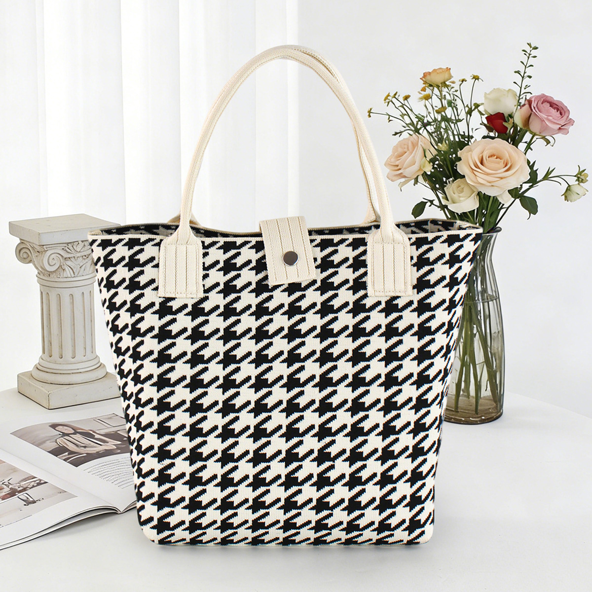 Bolso de tejido coreano de gran capacidad de transporte de moda de mil pájaros bolsos de mano casuales versátiles bolsos de bento image 16
