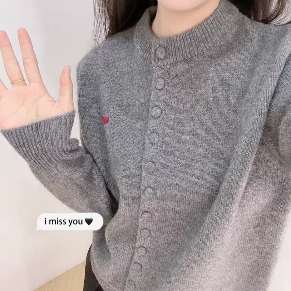针织开衫韩版韩系图案简约新款百搭毛衣单排扣女上衣爱心纯色秋冬