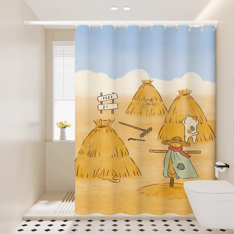 Japanese Cartoon Cat Retro Cute Shower Curtain Thickened Waterproof Bathroom Toilet Bath Shower Dry and Wet Separation Curtain