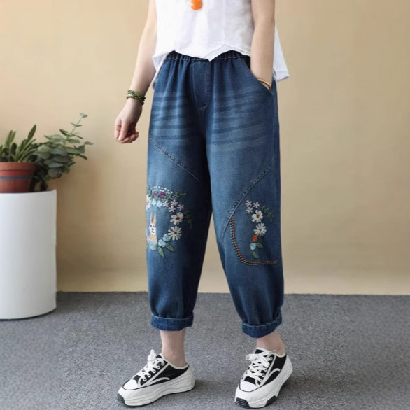 复古卡通小兔子刺绣牛仔裤女宽松大码绣花九分萝卜老爹哈伦裤薄款