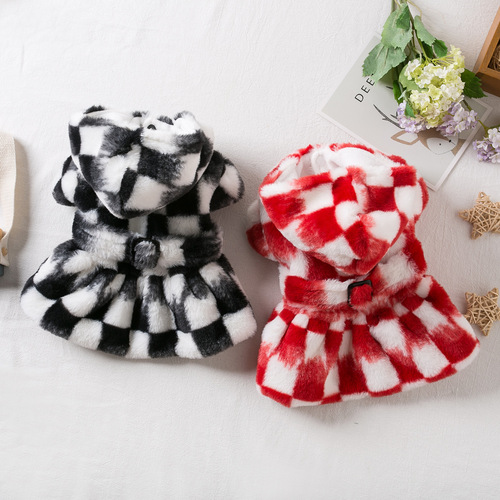Pet Dog and Cat Autumn/Winter New Year Christmas Dog Dress Checkered Black and Red Plaid Skirt Teddy and Bichon Clothes