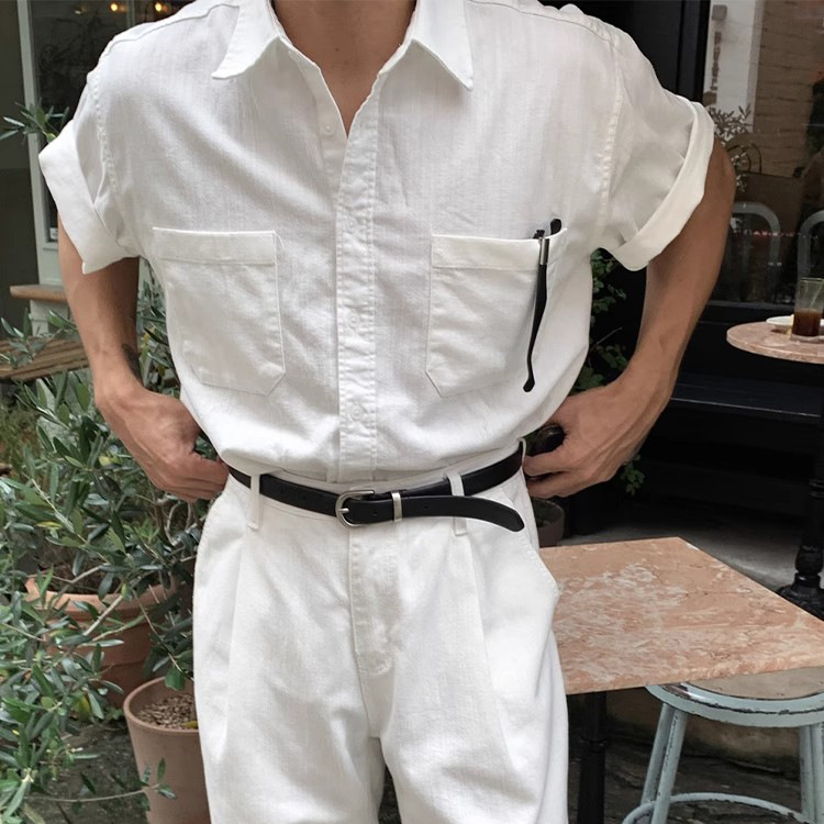 Camisa POLO Camisa de solapa Camisa de manga corta para hombres británicos Ropa de trabajo de doble bolsillo de lino de negocios Camiseta de moda Comercio exterior transfronterizo al por mayor