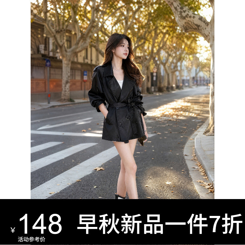 早秋新款“英伦之旅”极夜黑时髦短款通勤风衣 高智感松