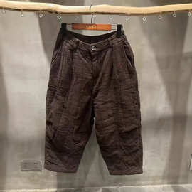 2025冬韩版宽松复古时尚亚麻炒色做旧绗线夹棉哈伦裤棉裤女25107