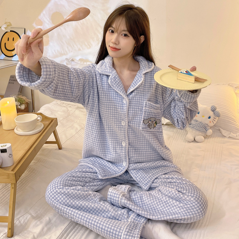 파란 격자 무늬 산호 양털 파자마 귀여운 옥 구이 개 여성의 가을과 겨울 두꺼운 플란넬 홈 옷 리얼 샷 도매