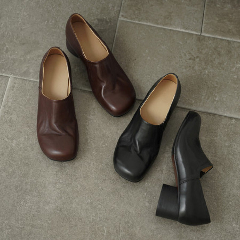 Leather version~Vintage style round toe shallow thick heel slip-on shoes for women, comfortable for commuting, high-end women's leather shoes Leather version~Vintage style round toe shallow thick heel slip-on shoes for women, comfortable for commuting, high-end women's leather shoes