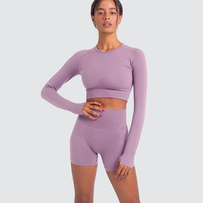 solid color seamless high stretch high waist quick-drying yoga set NSNS125427