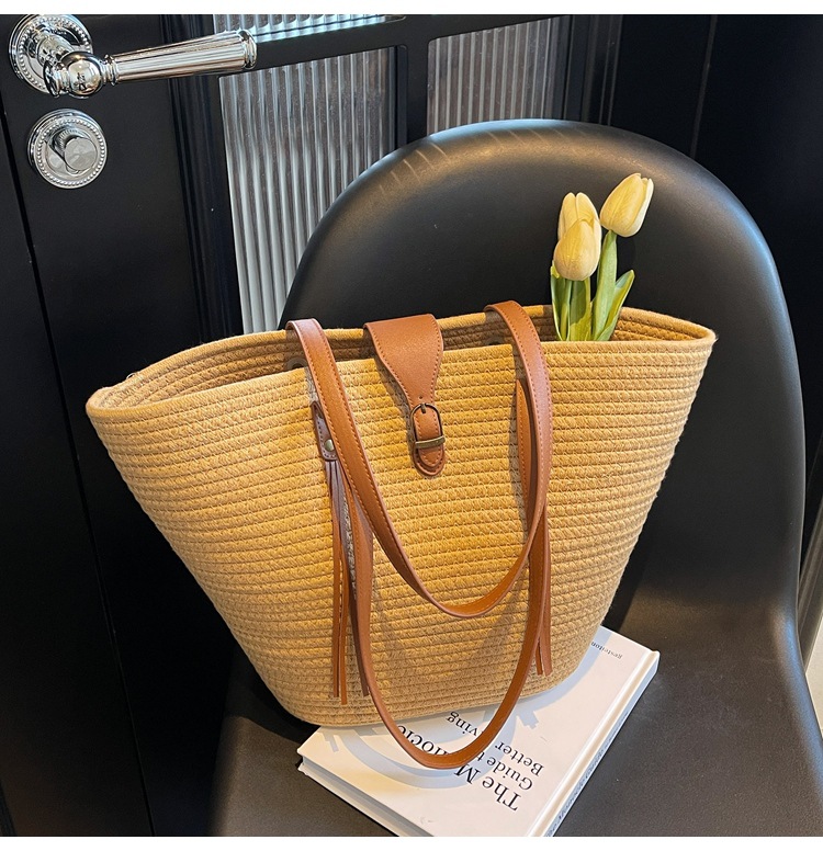 1125g Weight Weave Fashion Element Lock clasp Closure Type Double Shoulder Straps Strap Type Straw Bag Bags Type Casual Occasion cotton rope Material Solid Color Pattern Spring&Summer Season Women's Gender Beach Style Bucket Shape Large Size Women's Large Cotton Rope Solid Color Beach Weave Bucket Lock Clasp Straw Bag 23