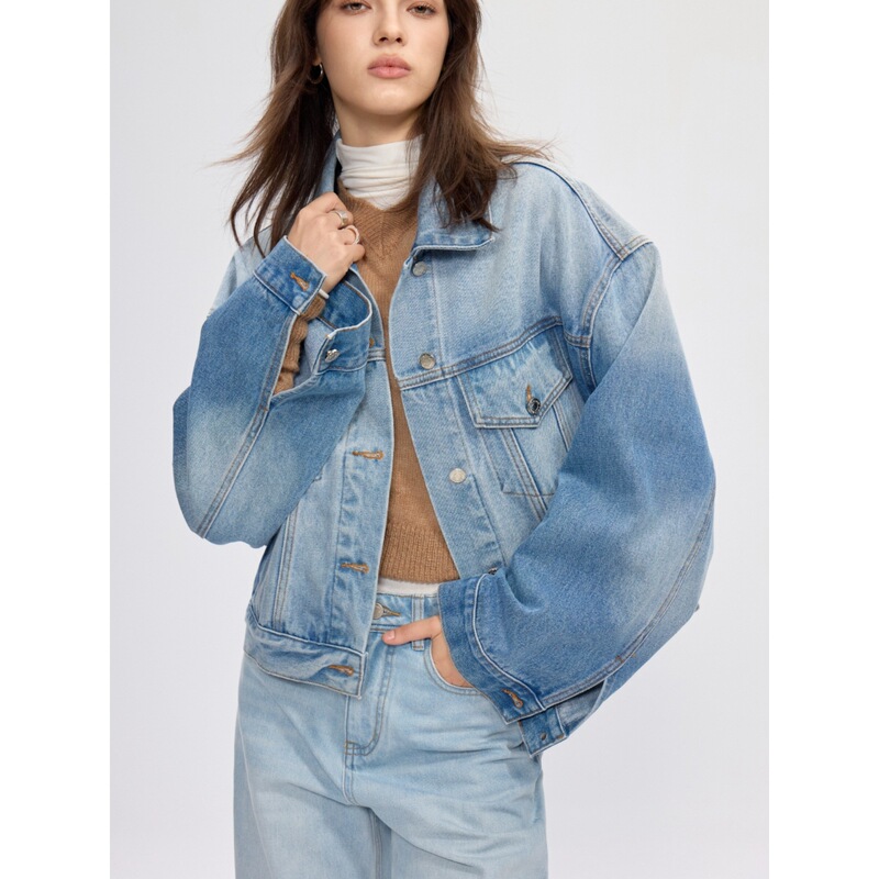 【High Quality】Blue Gradient Loose Denim Jacket for Women 2026 Spring New High-Waisted Slimming Vintage Short Jacket