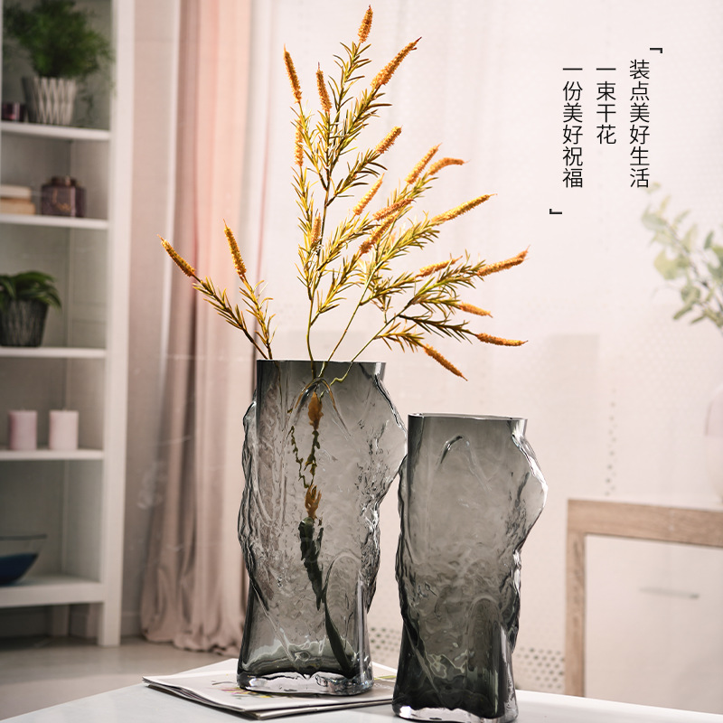 중국 스타일 창조적 인 고대 나무 유리 꽃병 원래 색상 간단한 꽃 꽃병 말린 꽃 꽃병 거실 인테리어 장식 장식품
