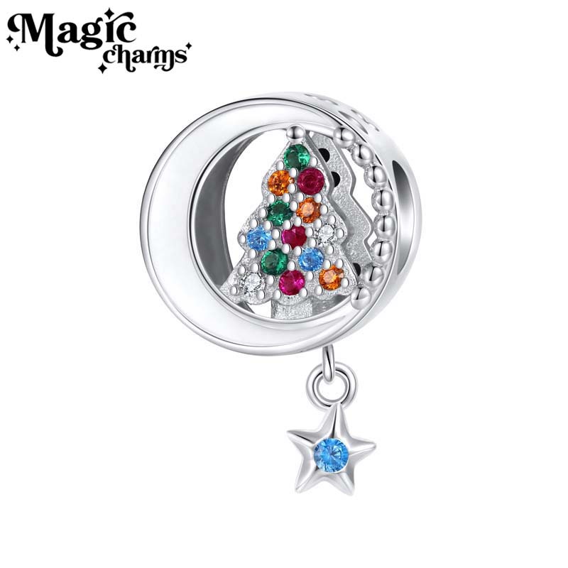 Creazione di gioielli natalizi in argento sterling S925 con zirconi intarsiati, regalo di Natale, bracciale con albero di Natale con perline, luna, accessori per gioielli fai da te_voghion.com