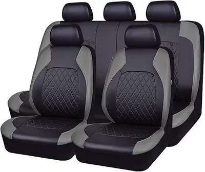 Universal seat cover, Covers, Diamond Quilted Embroidery, Full Leather Pu - grey-front-single-seat-2-piece-set
