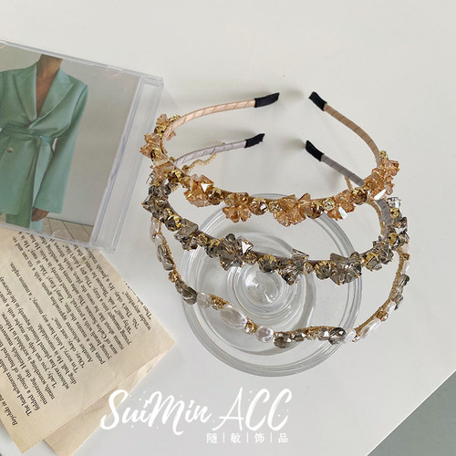Korean version of the new trendy wave wrapped crystal fine hair hoop full of diamonds Baroque headband bridal headdress pearl hair bundle