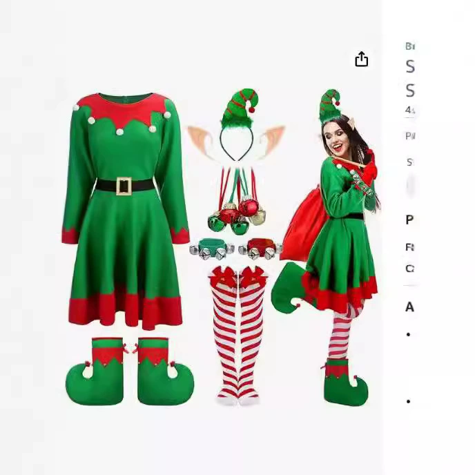 Детская рождественская одежда, женское платье средней длины с длинными рукавами, унисекс, костюм для косплея, взрослый, зеленый эльф