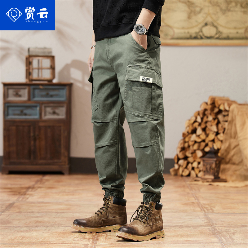 Jingyun men's overalls fashionable brand multi-pocket loose ankle-tied harem pants autumn and winter casual fleece-lined trousers men