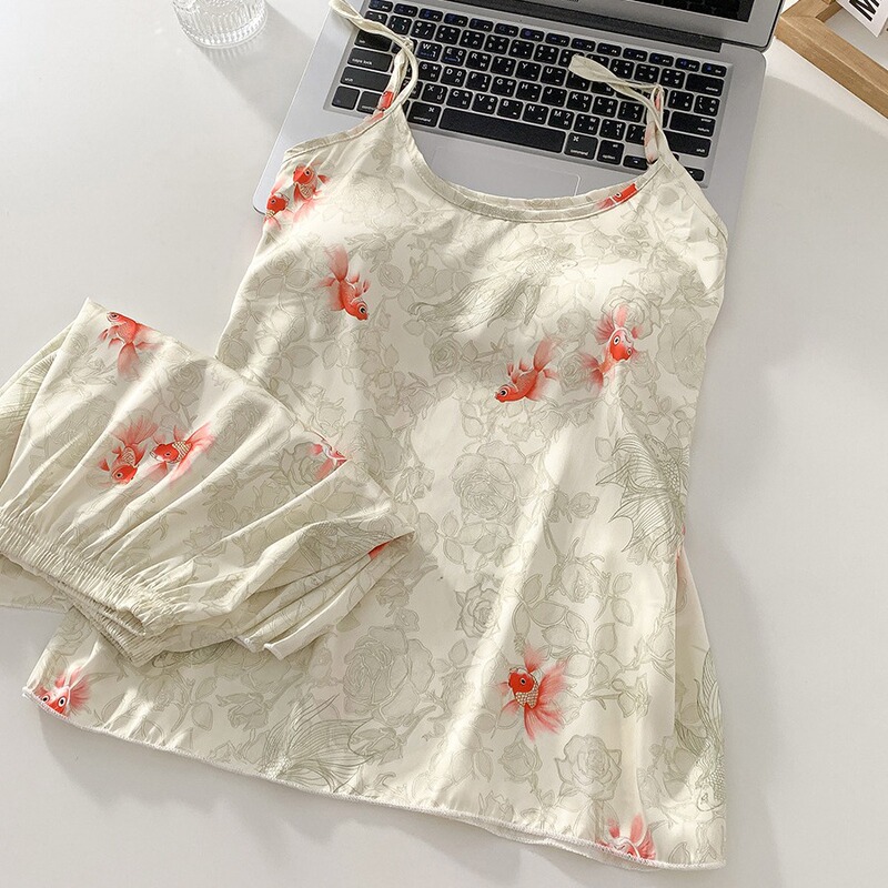 2024 Ice Silk Pajamas Women's Sexy Thin Summer New Arrival Sling Two-Piece Set Cool Touch Home Clothes