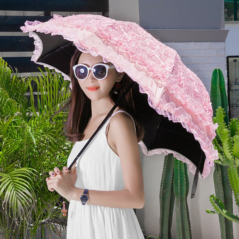 Wholesale sun umbrella sunscreen UV protection double layer vinyl lace ribbon embroidered three folding sunshade umbrella
