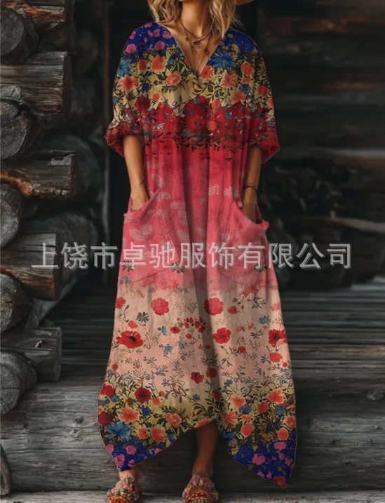 2025新款独立站女式复古花卉艺术图案印花口袋V领口袋连衣裙|undefined