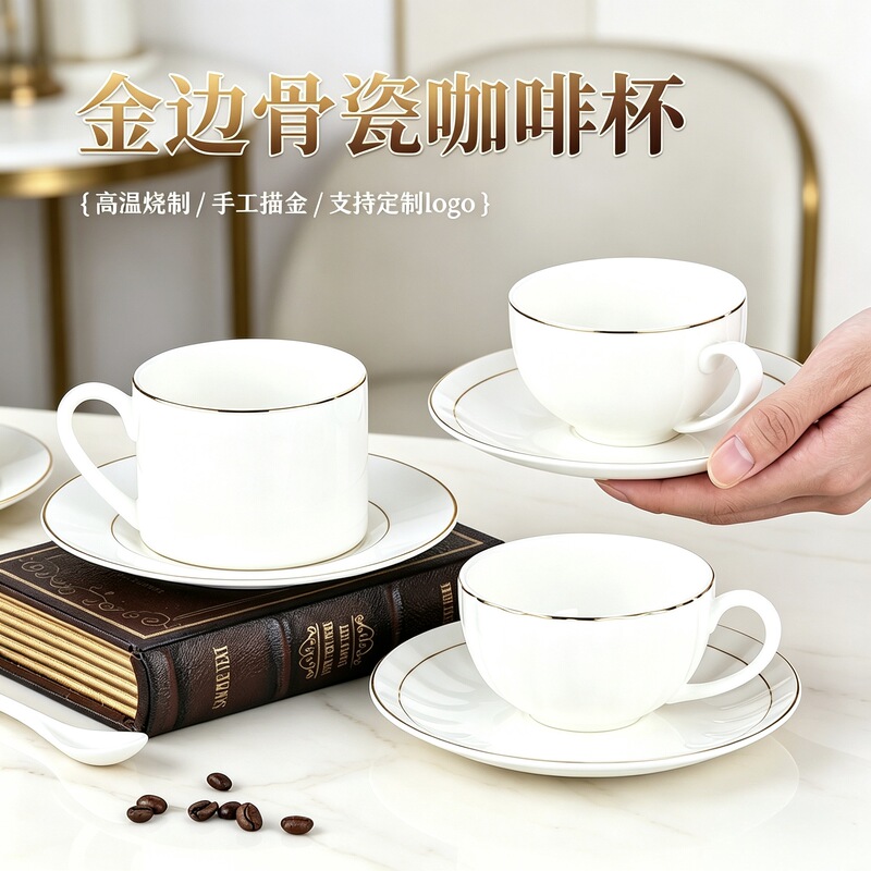 Coffee Cup Set with Gold Rim, Bone China, Small Luxury English-Style Cup and Saucer, Hotel Pure White American/European Coffee Ware with Logo Coffee Cup Set with Gold Rim, Bone China, Small Luxury English-Style Cup and Saucer, Hotel Pure White American/European Coffee Ware with Logo