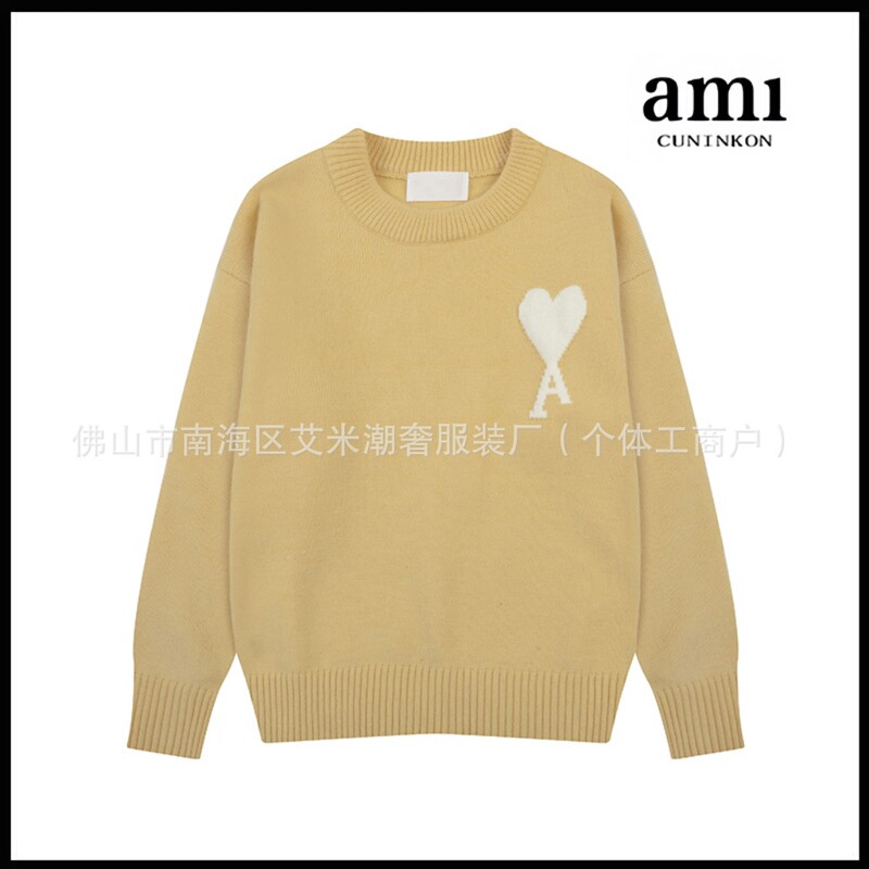 AMI クラウド ジャカード セーター ビッグ ラブ刺繍 ユニセックス ラウンドネック セーター カシミア混 ソフトワックス トップ|undefined