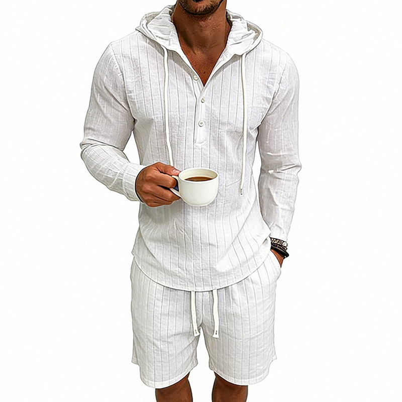 Men's Linen Long Sleeve Hooded Henley Shirt With Shorts Set, Jacquard Vertical Stripe Pattern, Relaxed Fit For Summer Commute And Casual Wear_viptrois.com