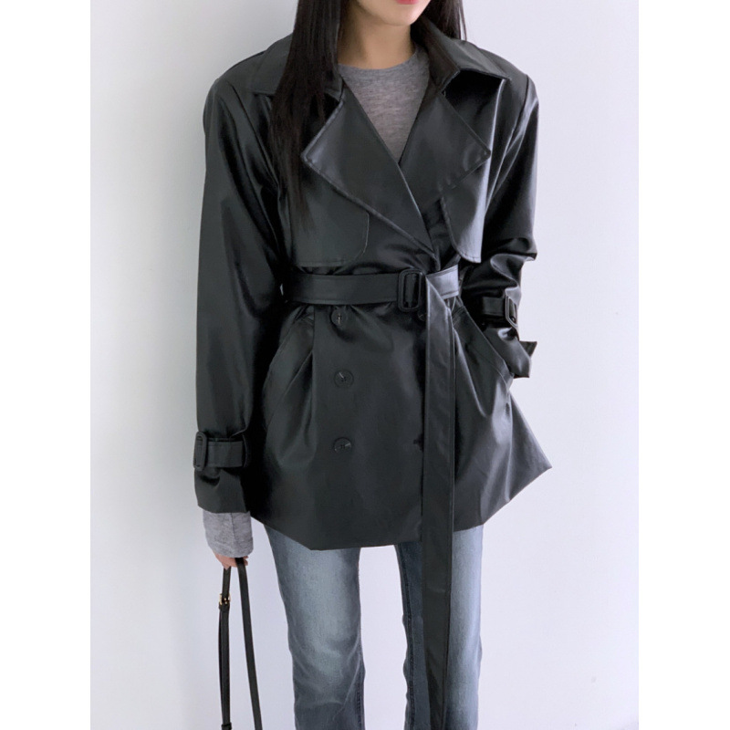 Korean Dongdaemun Vintage Black PU Leather Mid-Length Trench Coat for Women Korean Dongdaemun Vintage Black PU Leather Mid-Length Trench Coat for Women