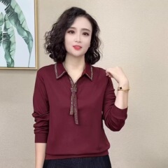 批发代发2025秋季时尚洋气新款简约翻领纯色烫钻百搭显瘦长袖上衣