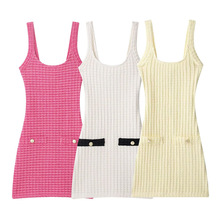 外贸跨境2025新款夏季欧美风纯色针织弹力短连衣裙5063343