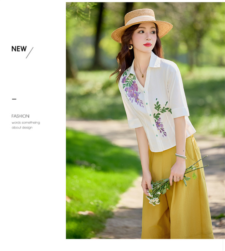 Bộ vest nữ hai mảnh áo sơ mi in họa tiết kết hợp quần ống suông cạp cao — Màu ảnh chi tiết 9