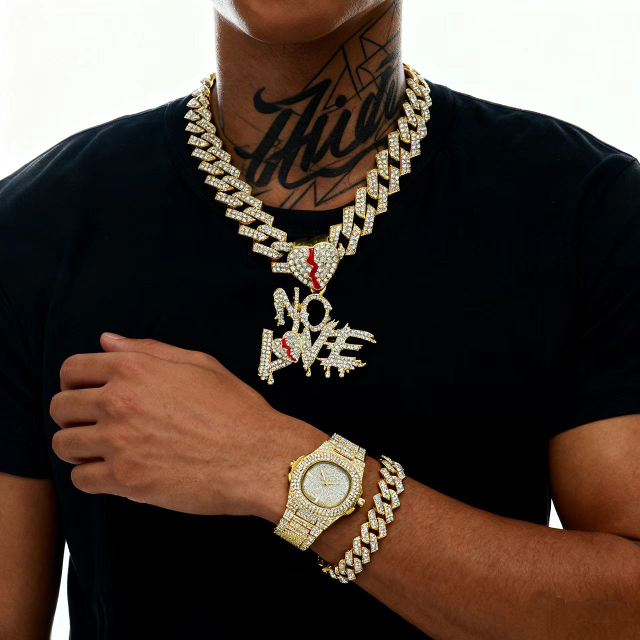 Conjunto de Reloj y Collar con Colgante NO LOVE, Estilo Cubano, para Hombre, en Caja de Regalo de Lujo