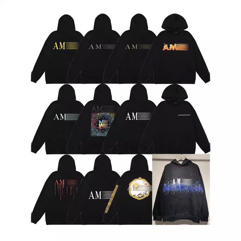 High Version AMIRI 2023 Autumn and Winter New Letter Printed Rhinestone Men's Loose Tray Hoodie Sweater Hoodie