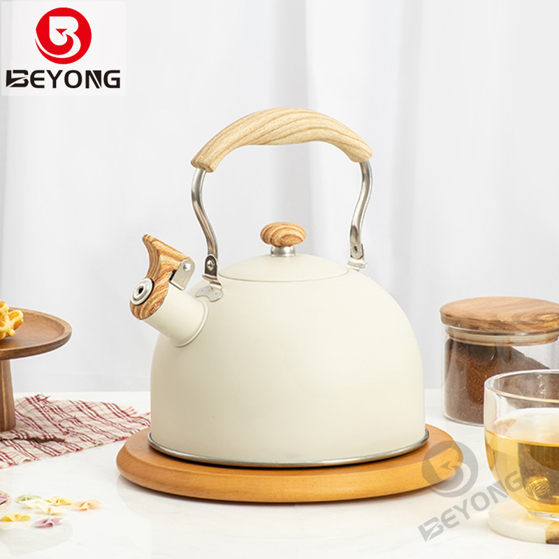 新款跨境鳴笛燒水壺米白2.5L平底鳴音壺歐式不鏽鋼口哨壺爐具通用