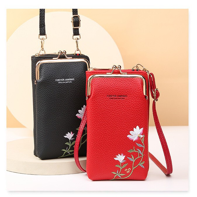 Mobile Phone Bag for Women, Popular Model 2026, New Korean Style Fashion, Lychee Pattern, Solid Color, Embroidered Crossbody Shoulder Bag