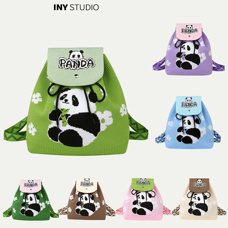 Women's Handbag Large Capacity Backpack Drawstring Bag Versatile Backpack Spring and Summer Popular Panda Grandpa Cartoon Knitted Bag