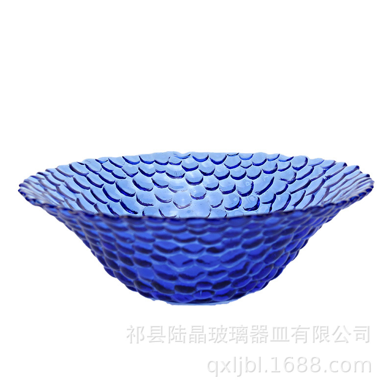 Patrón de martillo de vidrio azul de estilo europeo plato de fruta Nórdico creativo plato de ensalada de frutas plato de vidrio plato de fruta de color