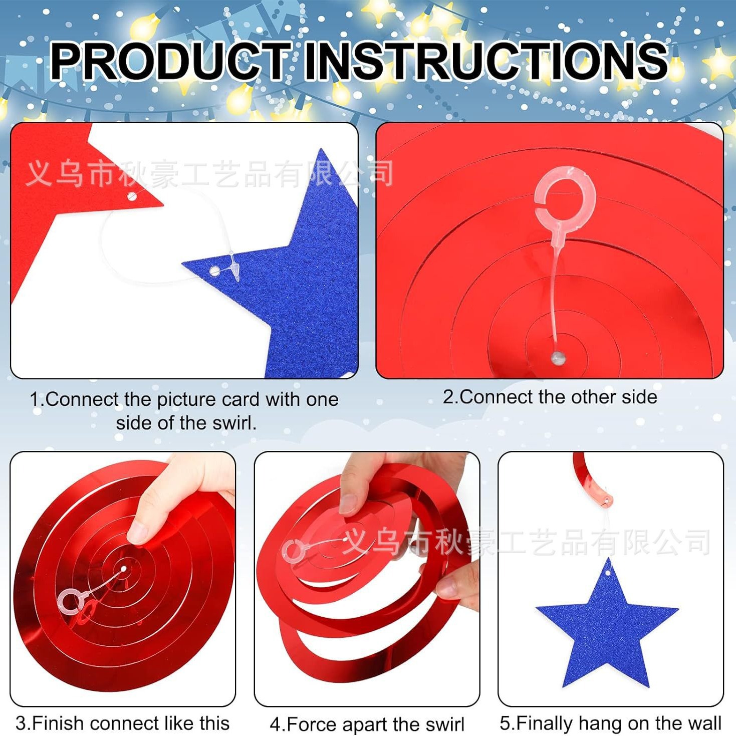 2024 nuevo elemento rojo, azul y blanco espiral pentagonal 40 piezas de fiesta del día de la independencia decoración de correa transfronteriza