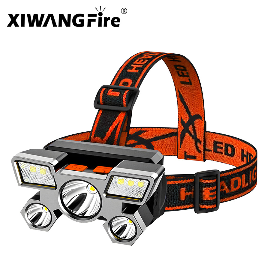 Transfronterizos nuevos fuertes cabezales ligeros led cinco cabezas de avión lámpara USB recargable cabeza pequeña linterna al aire libre lámpara de minería