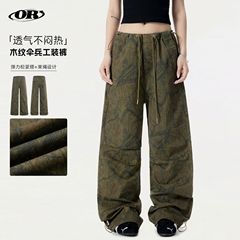 OREETA ルーズストレートパラシュートパンツ男性と女性のためのトレンディな木目調レトロデザイン弾性ウエストレギンスカジュアルパンツ