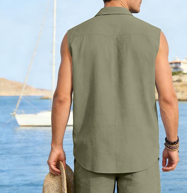 Chaleco de lino sin mangas para hombre estilo casual verano_voghion.com