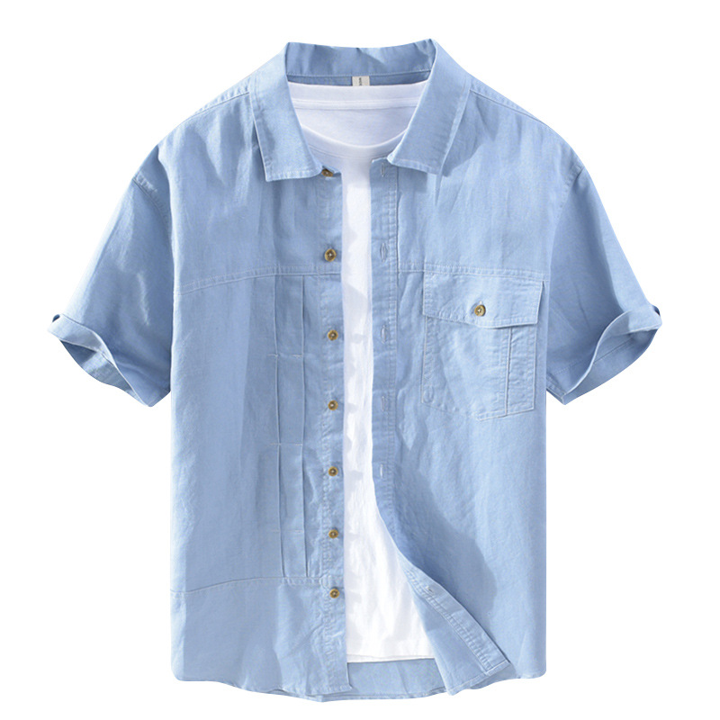 Nuova camicia a maniche corte in cotone e canapa per camicia da uomo da uomo d'affari in lino casual primaverile ed estivo con colletto quadrato_voghion.com