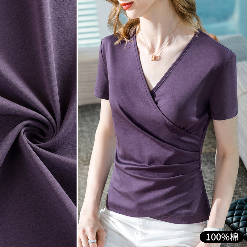 Camiseta de manga corta de algodón mercerizado de doble cara para mujer verano 2023 nueva camiseta de algodón con cuello en v cruzado para mujer cintura plisada top